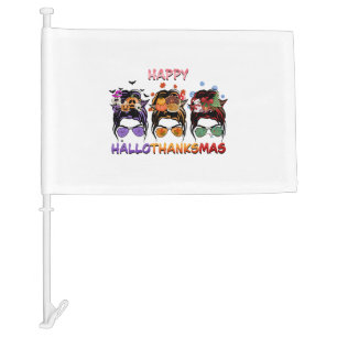 happy halloween thanksgiving christmas messy bun car flag