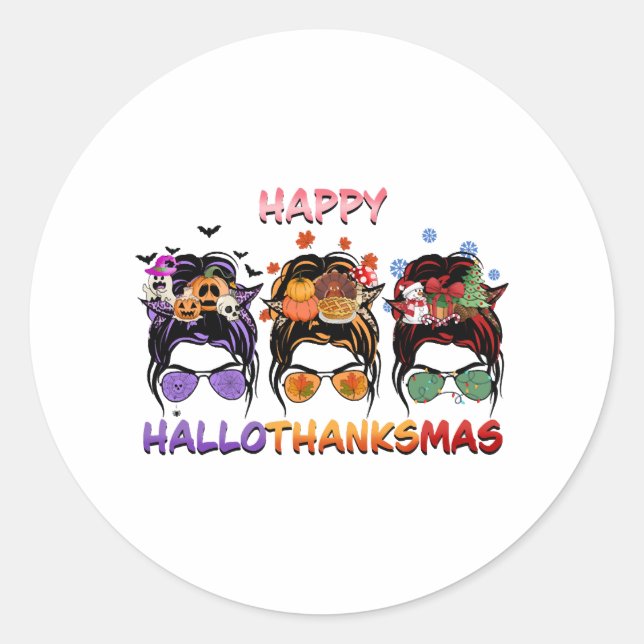 happy halloween thanksgiving christmas messy bun classic round sticker (Front)