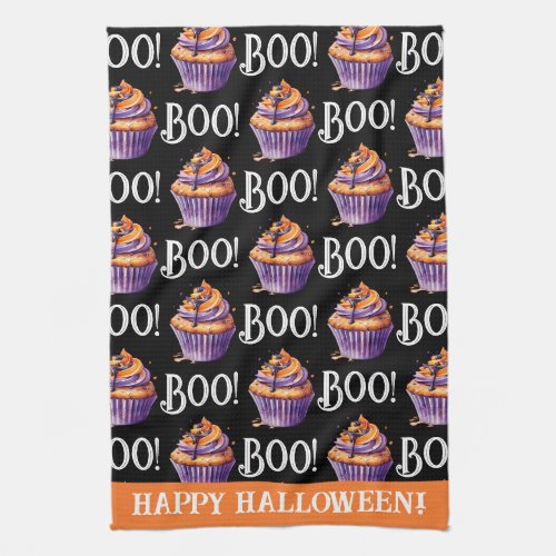 Happy Halloween Themed Cupcake Boo Pattern  Kitchen Towel