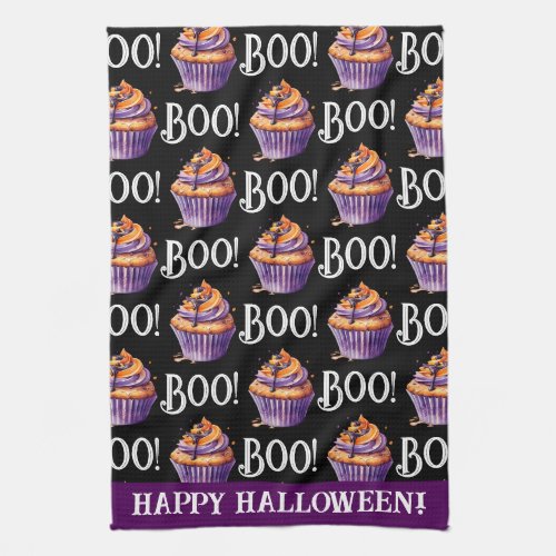 Happy Halloween Themed Cupcake Boo Pattern  Kitchen Towel