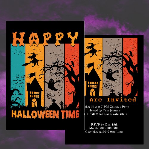 Happy Halloween Time Retro Witch House Ghost Grave Invitation