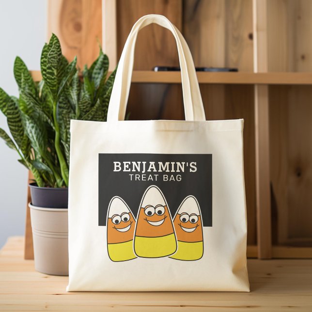 Happy Halloween Treat Custom Name Candy Corn Tote Bag (Custom Tote Bag)