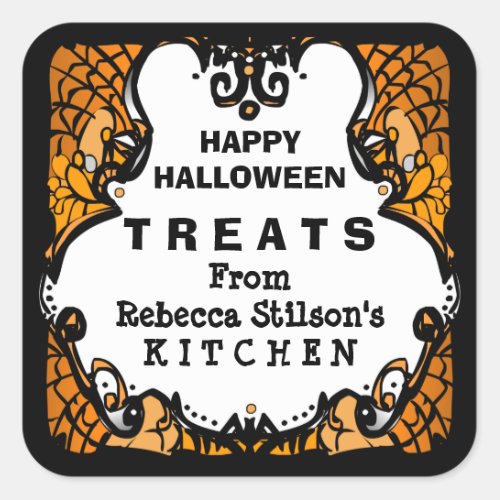 Happy Halloween Treats Orange Black  White Custom Square Sticker