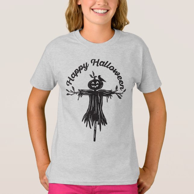Happy Halloween | Trick or Treat Black Scarecrow T-Shirt (Front)