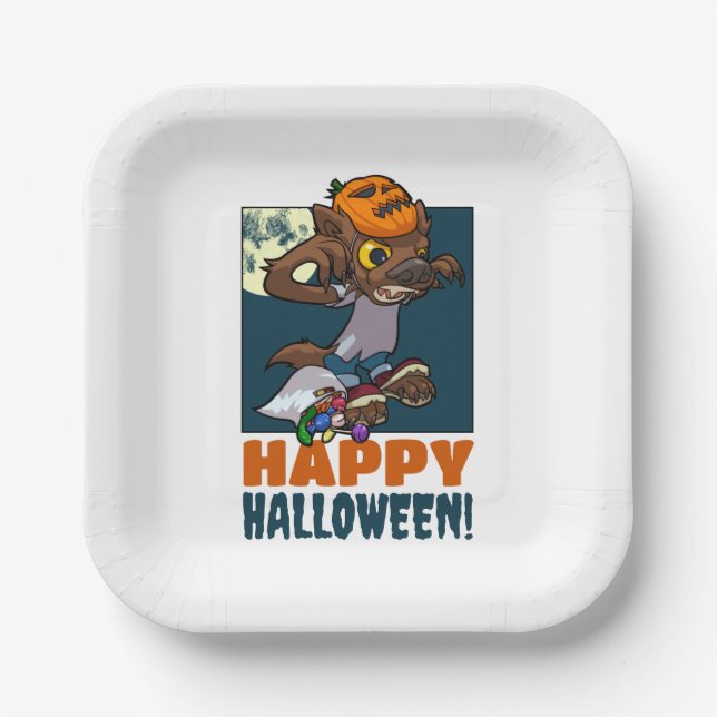 Happy Halloween! Trick Or Treat Little Werewolf Paper Plates (Front)