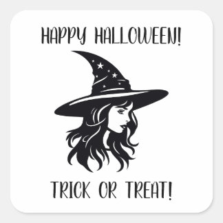 Happy Halloween Trick or Treat Witch in Black Hat Square Sticker