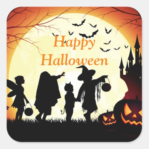 Happy Halloween Trick or Treaters on a Full Moon Square Sticker