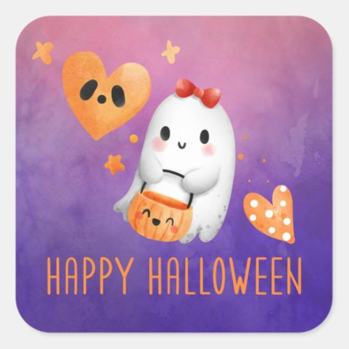 Happy Halloween Trick or Treating Ghost Square Sticker