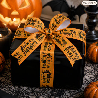 Happy Halloween Typography Orange & Black Satin Ribbon
