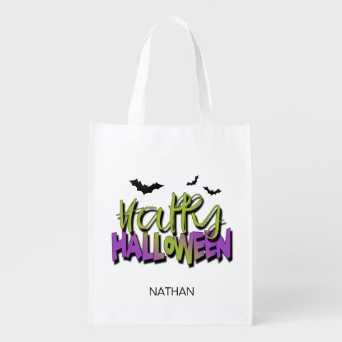 Happy Halloween Typography wBats Green ID685 Grocery Bag