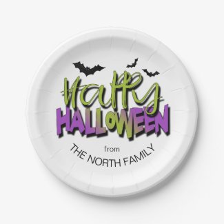Happy Halloween Typography w/Bats Green ID685 Paper Plates