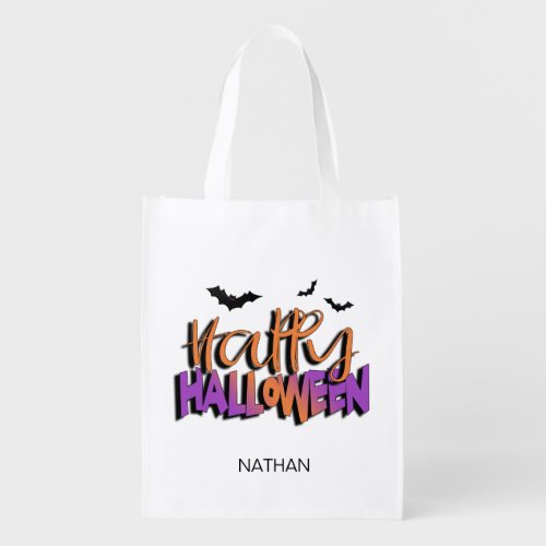 Happy Halloween Typography wBats Orange ID685 Grocery Bag