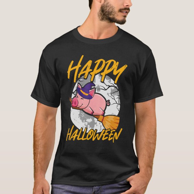 Happy Halloween u2013 Witch Pig Flying Broom Hallo T-Shirt (Front)