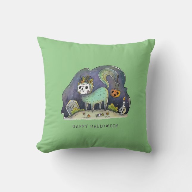 Happy Halloween Undead Kitty Throw Pillow (Front)