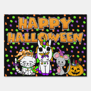 Happy Halloween Unicorn, Cat and Mouse Sign