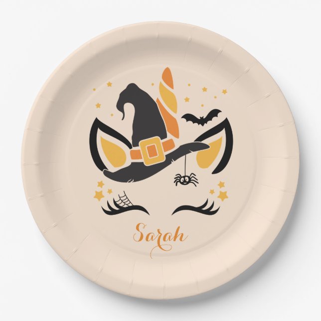 Happy Halloween Unicorn Witch With Eyelashes Paper Plates (Front)