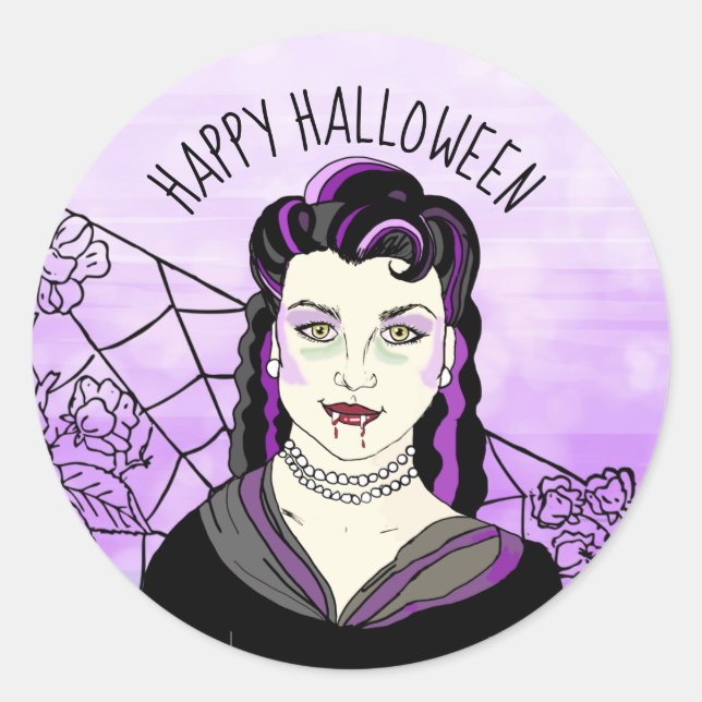 Happy Halloween Vampire and spiderwebs Classic Round Sticker (Front)