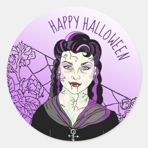 Happy Halloween Vampire and spiderwebs Classic Round Sticker