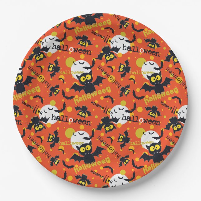 Happy Halloween Vampire Bat Full Moon Fangs Paper Plates (Front)