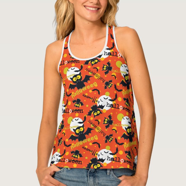 Happy Halloween Vampire Bat Orange Black Graphics Tank Top (Front)