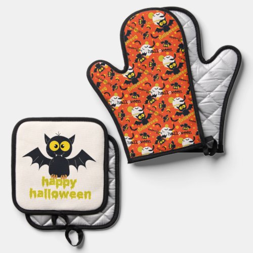 Happy Halloween Vampire Fang Flying Bats Full Moon Oven Mitt  Pot Holder Set