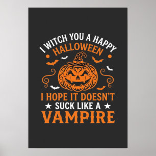 Happy Halloween Vampire Pumpkin Witch Hat Bats Poster