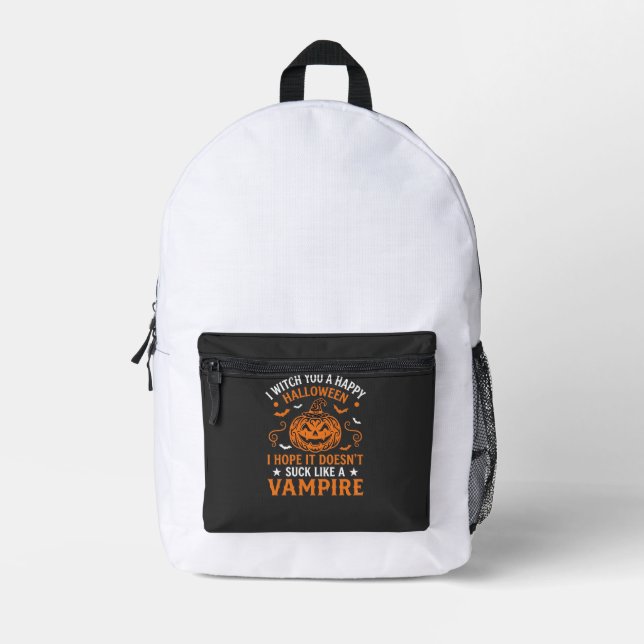 Happy Halloween Vampire Pumpkin Witch Hat Bats Printed Backpack (Front)