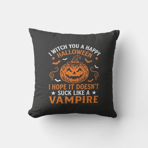 Happy Halloween Vampire Pumpkin Witch Hat Bats Throw Pillow