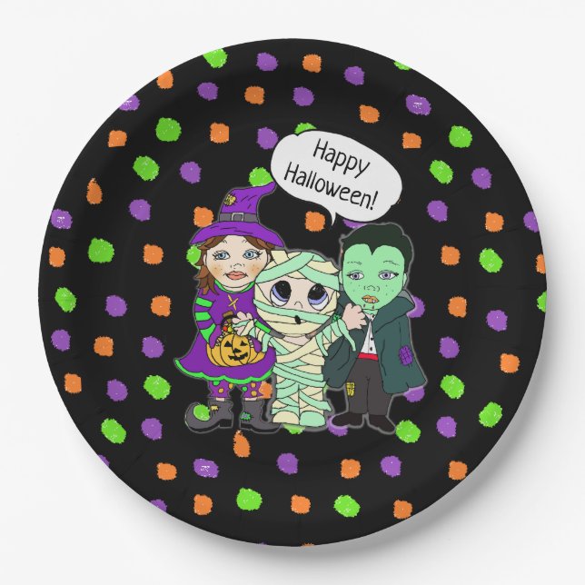 Happy Halloween Vampire, Witch, Mummy Polka Dot Paper Plates (Front)