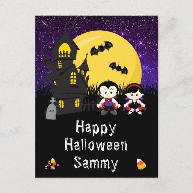 Happy Halloween Vampires Purple Holiday Postcard (Front)