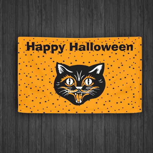 Happy Halloween Vintage Black Cat Face Star Orange Banner