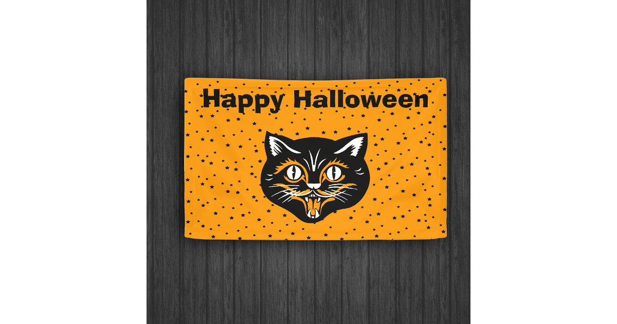 Happy Halloween Vintage Black Cat Face Star Orange Banner | Zazzle