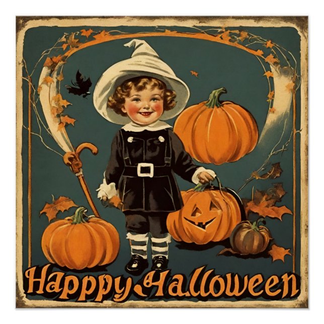 Happy Halloween Vintage Child and Pumpkins  Poster (Front)