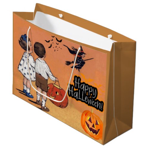 Happy Halloween Vintage Children Witch Pumpkins Large Gift Bag