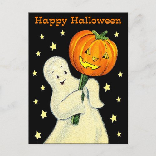 Happy Halloween Vintage Ghost and Pumpkin Postcard
