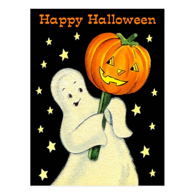 Happy Halloween Vintage Ghost And Pumpkin Postcard