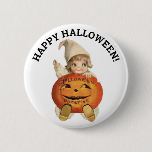 Happy Halloween Vintage Pumpkin and Child Button