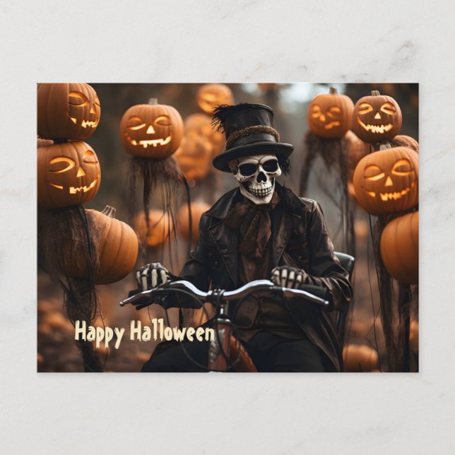 Happy Halloween vintage Skeleton, modern bicycle Postcard (Front)