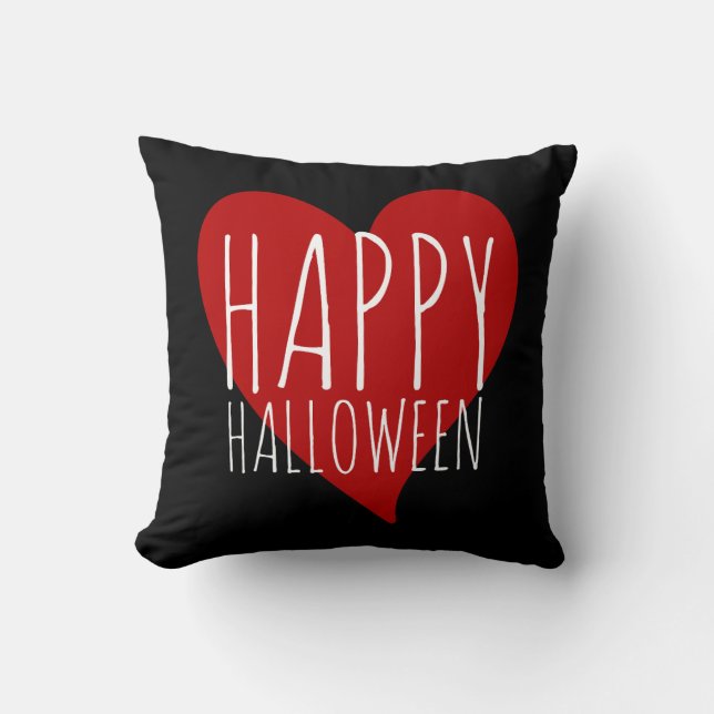 Happy Halloween w/ Red Heart Black & Red Stripes Throw Pillow (Front)
