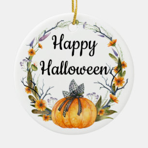 Happy Halloween Watercolor Pumpkin Wreath Ceramic Ornament