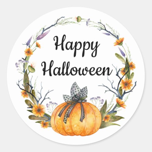 Happy Halloween Watercolor Pumpkin Wreath Classic Round Sticker