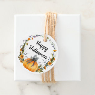Happy Halloween Watercolor Pumpkin Wreath Favor Tags