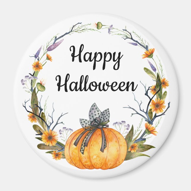 Happy Halloween Watercolor Pumpkin Wreath Magnet (Front)