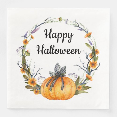 Happy Halloween Watercolor Pumpkin Wreath Paper Dinner Napkins
