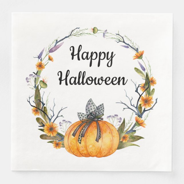 Happy Halloween Watercolor Pumpkin Wreath Paper Dinner Napkins (Front)