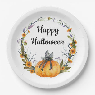 Happy Halloween Watercolor Pumpkin Wreath Paper Plates