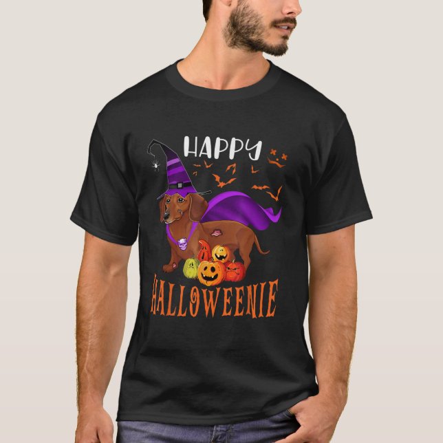 Happy Halloween Weenie Dachshund Dog Witch Scary P T-Shirt (Front)