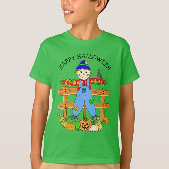 Happy Halloween Whimsical Cartoon Scarecrow T-Shirt (Front)