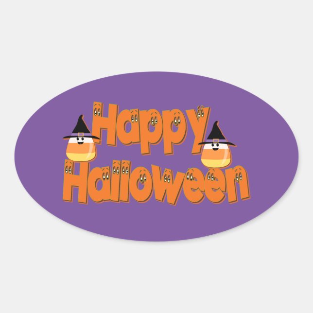 Happy Halloween Whimsical Text Oval Stickers (Front)
