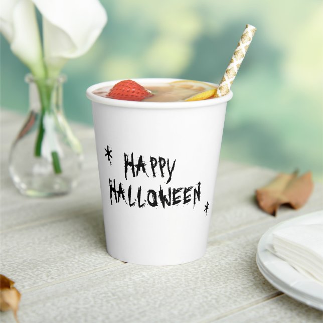 Happy Halloween white black spooky typography fun Paper Cups (Insitu)